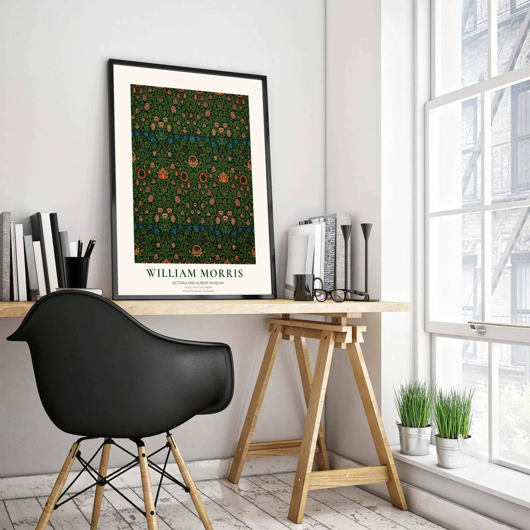 Antique botanical tapestry artwork from the Victoria and Albert Museum in this green William Morris Violet and Columbine poster enriches living space wall decor. MapYourDreams features high-definition framed, unframed, and canvas formats.