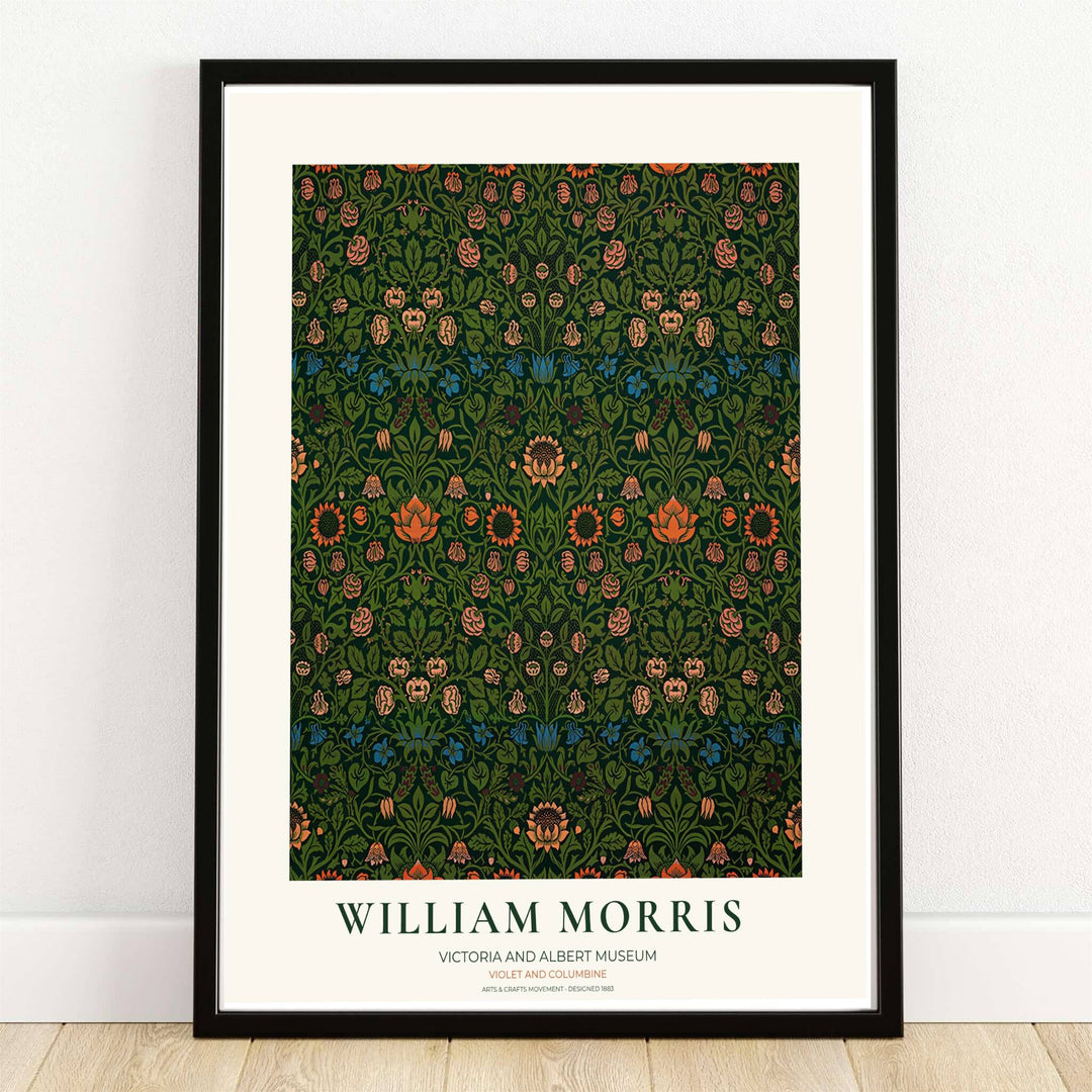The green William Morris Violet and Columbine exhibition poster highlights Victoria and Albert Museum textile design with delicate floral motifs. MapYourDreams provides custom framed, unframed, and gallery canvas options for home decor.
