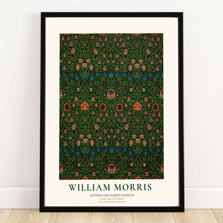 The green William Morris Violet and Columbine exhibition poster highlights Victoria and Albert Museum textile design with delicate floral motifs. MapYourDreams provides custom framed, unframed, and gallery canvas options for home decor.