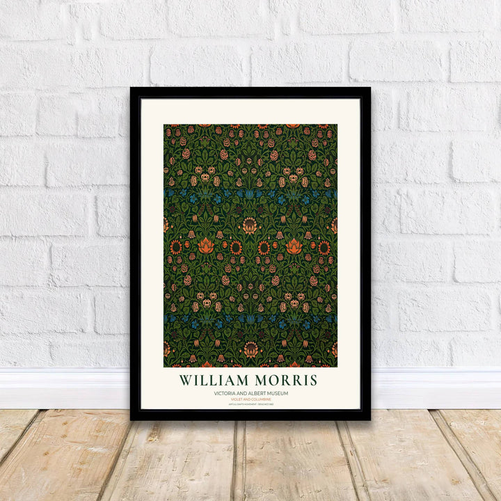 A vintage Arts and Crafts botanical perspective highlighting William Morris Violet and Columbine at the Victoria and Albert Museum anchors this fine print. Shop premium framed, unframed, and canvas options at MapYourDreams.