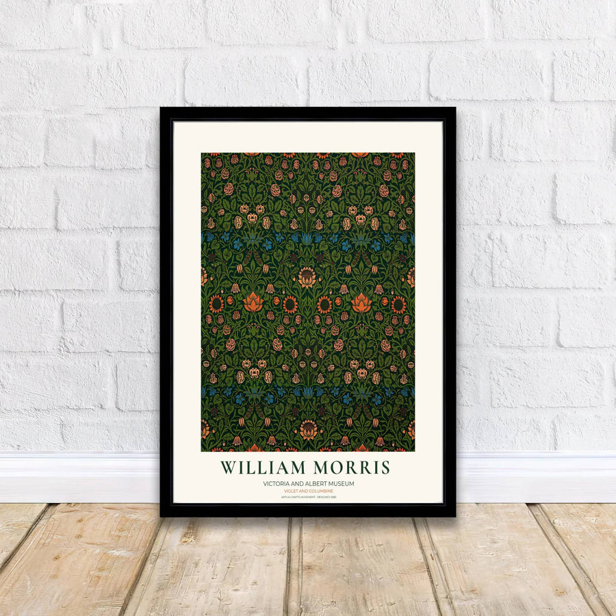 A vintage Arts and Crafts botanical perspective highlighting William Morris Violet and Columbine at the Victoria and Albert Museum anchors this fine print. Shop premium framed, unframed, and canvas options at MapYourDreams.
