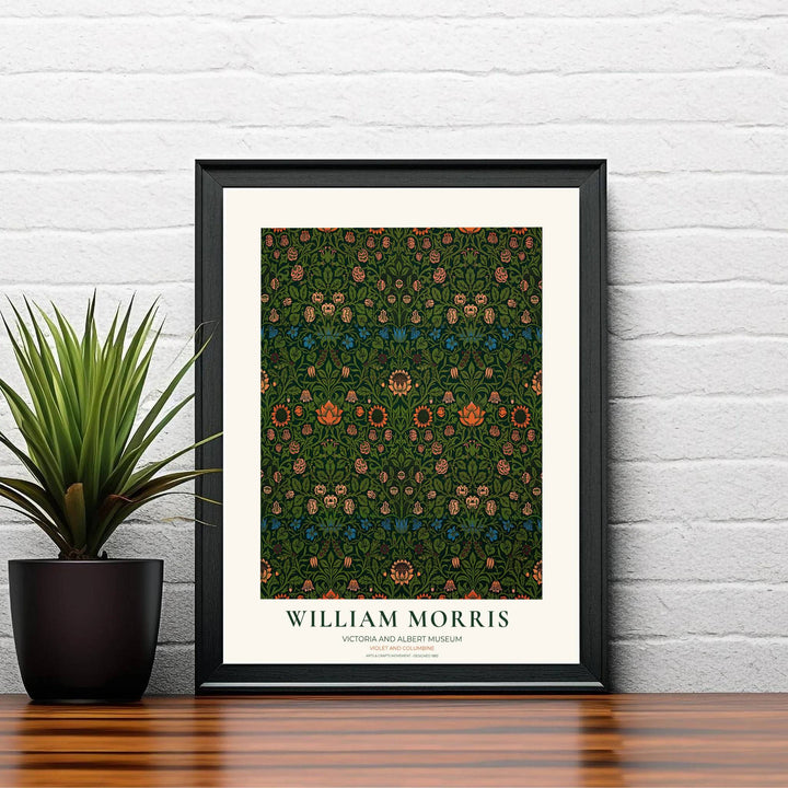 Classic Victorian typography and symmetrical green floral pattern details mark this William Morris Violet and Columbine exhibition print. MapYourDreams offers fine art framed, unframed, and canvas poster options for wall decor.