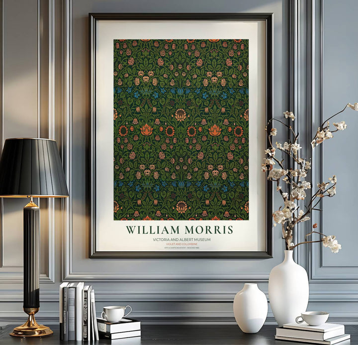 Vintage museum exhibition poster aesthetics with intricate green botanical motifs of William Morris Violet and Columbine shine in this wall decor print. MapYourDreams presents quality framed, unframed, and canvas options.