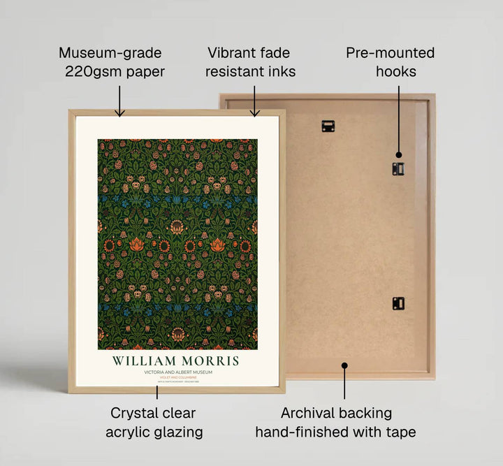 Symmetrical Arts and Crafts movement botanical pattern in this green William Morris Violet and Columbine print brings historic Victoria and Albert Museum art home. MapYourDreams offers archival framed, unframed, and canvas decor.