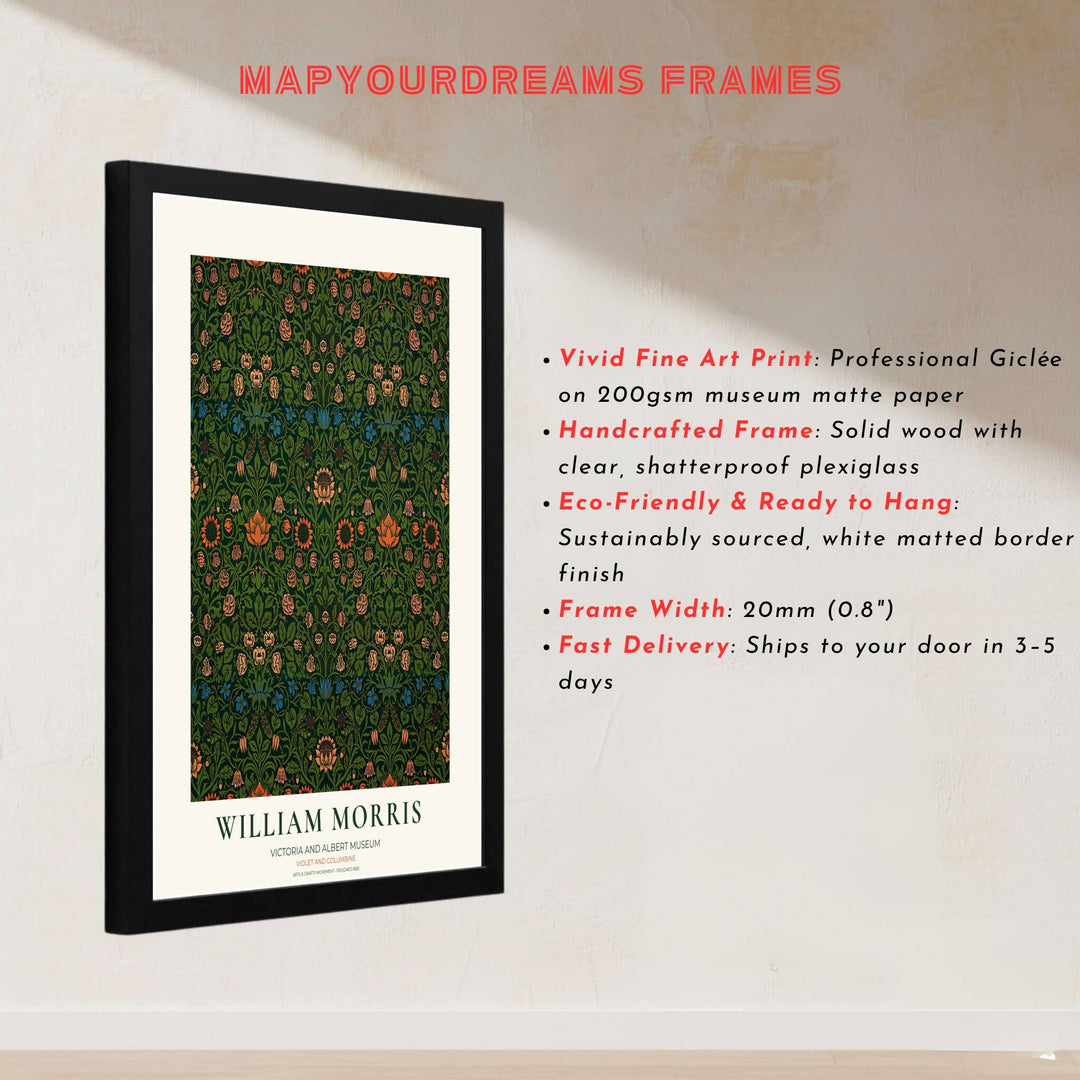 Historic British floral heritage and clean cream museum typography highlight this green William Morris Violet and Columbine poster print. Select premium framed, unframed, and canvas options at MapYourDreams to update walls.