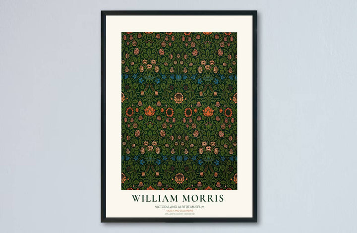 Classic Victorian home decor vibes and sweeping botanical symmetry define this green William Morris Violet and Columbine poster print. MapYourDreams features framed, unframed, and canvas options for living room wall decor.