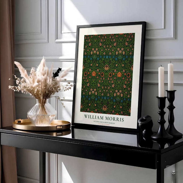 Intricate sage and olive green foliage surrounds coral floral blossoms in this William Morris Violet and Columbine print from the Victoria and Albert Museum. Select framed, unframed, or canvas poster styles at MapYourDreams.