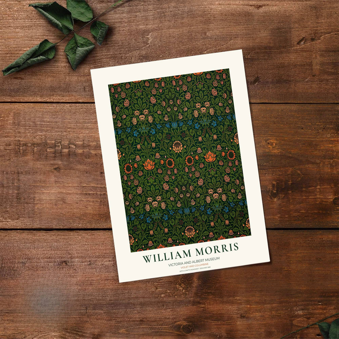 Vibrant forest green background and golden floral vines based on William Morris Violet and Columbine archives lend depth to this art print. Browse archival framed, unframed, and canvas options at MapYourDreams.
