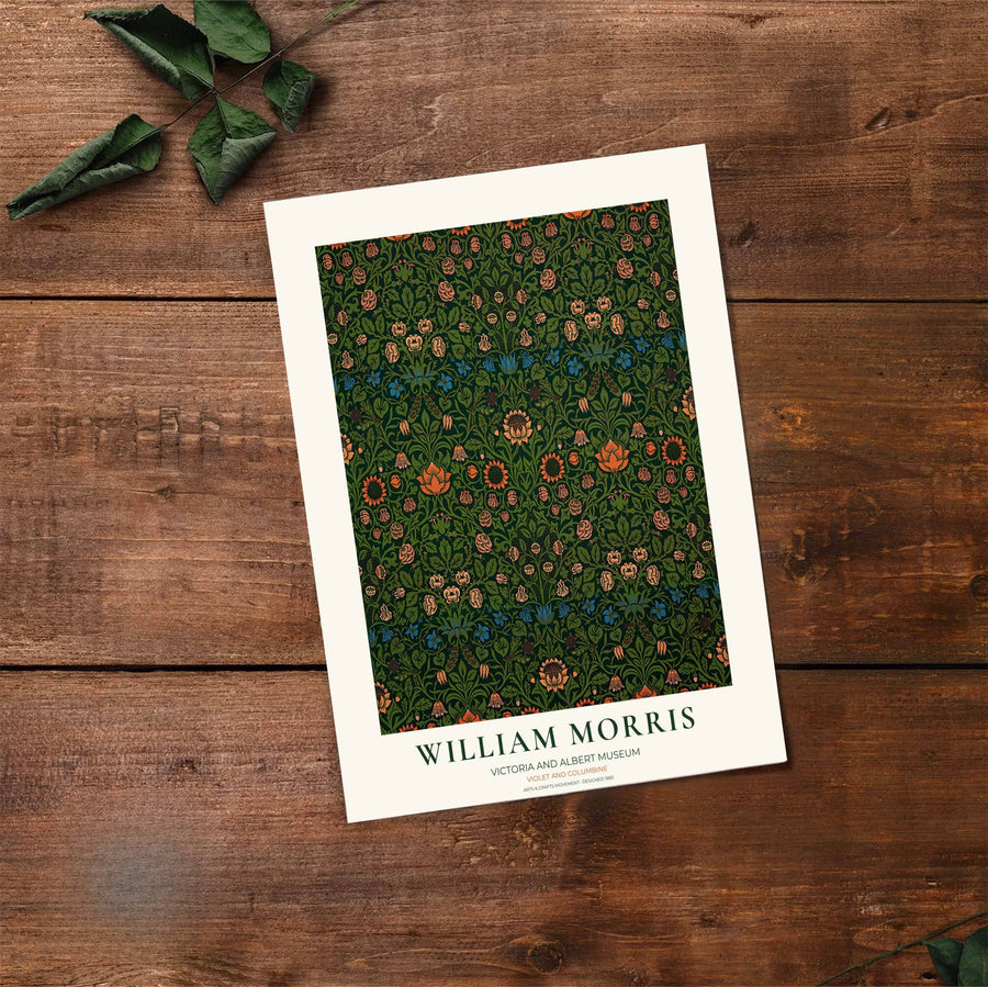 Vibrant forest green background and golden floral vines based on William Morris Violet and Columbine archives lend depth to this art print. Browse archival framed, unframed, and canvas options at MapYourDreams.