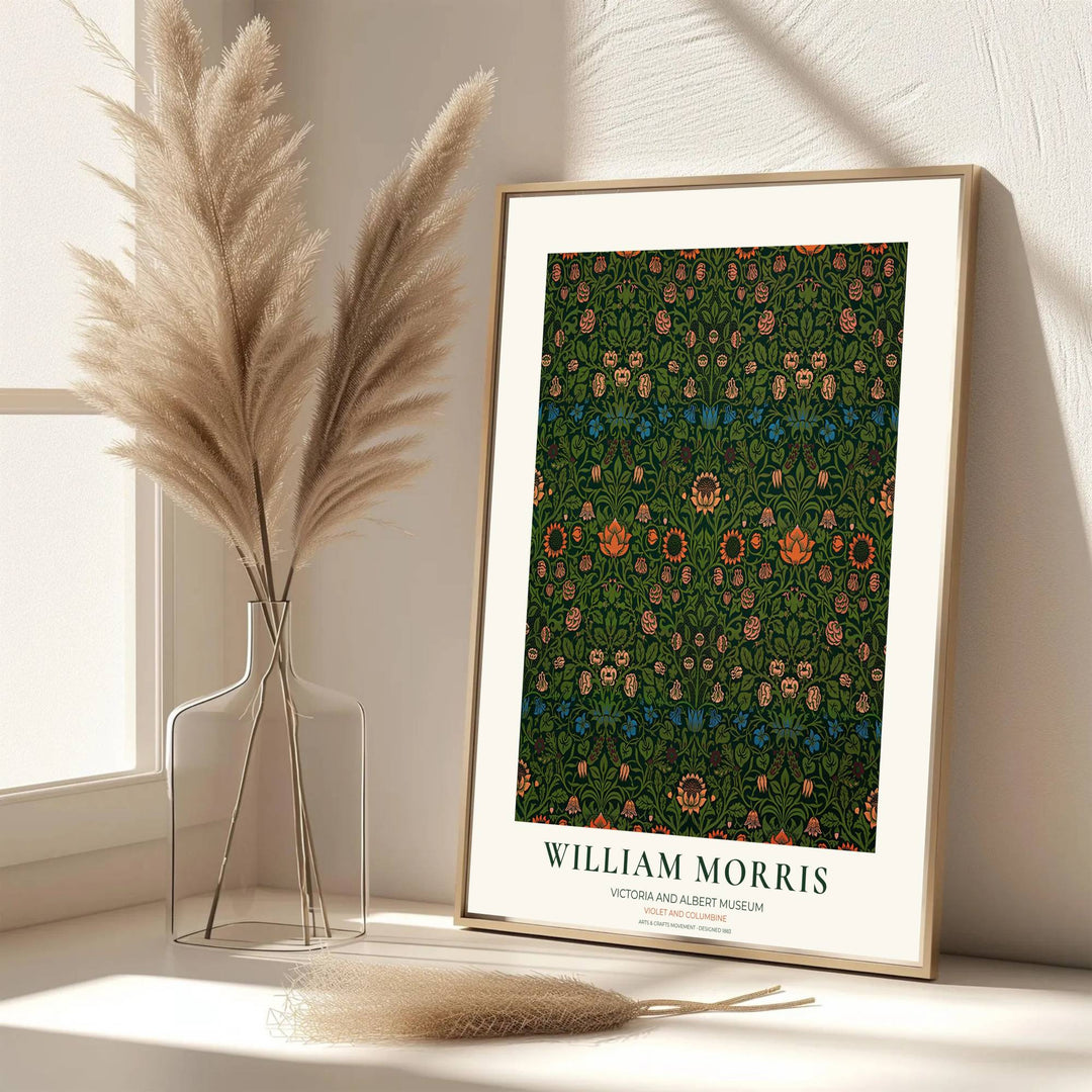 Antique vintage green floral pattern art featuring archival William Morris Violet and Columbine motifs shines in this wall print. Order custom framed, unframed, and canvas options at MapYourDreams for an elegant accent.