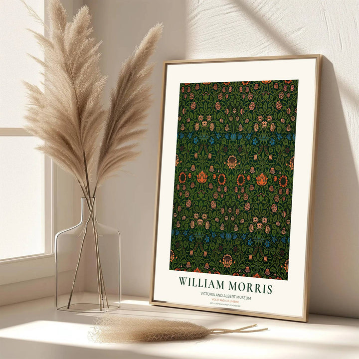 Antique vintage green floral pattern art featuring archival William Morris Violet and Columbine motifs shines in this wall print. Order custom framed, unframed, and canvas options at MapYourDreams for an elegant accent.