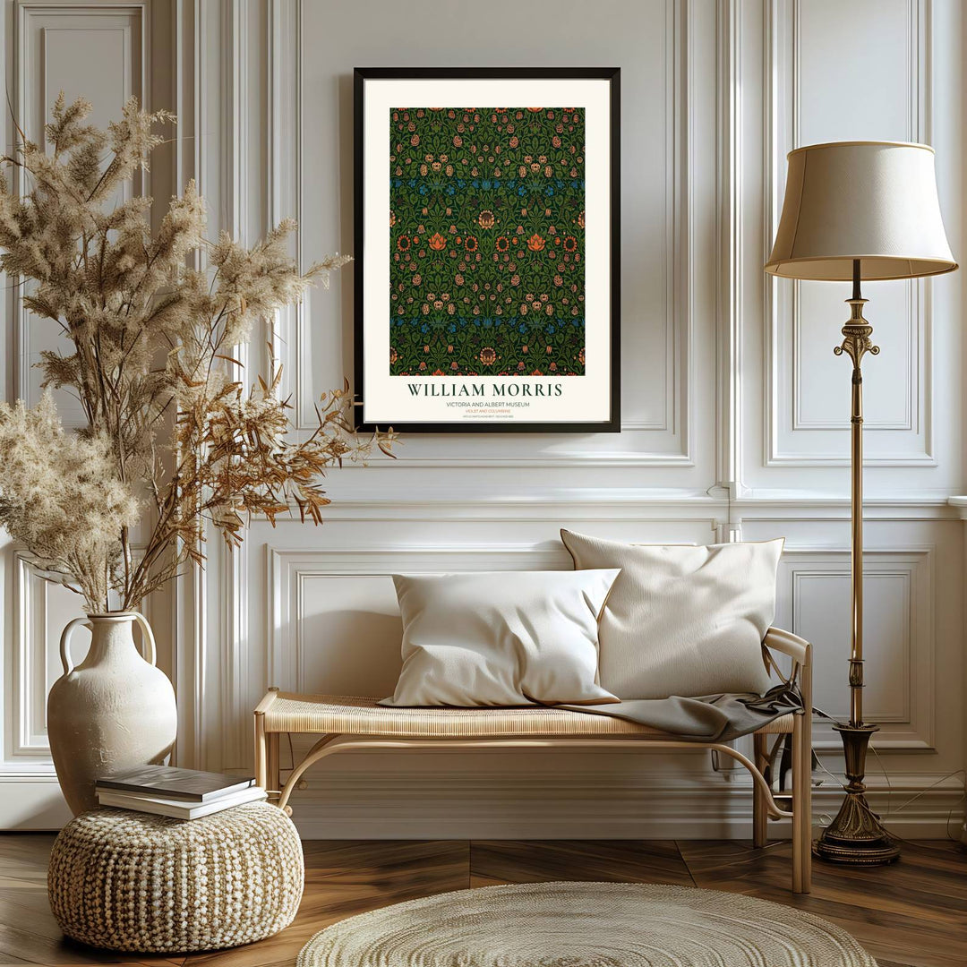 Dark forest green background tones accent delicate coral blossoms in this William Morris Violet and Columbine Victoria and Albert Museum print. MapYourDreams offers this vintage botanical art in unframed, gallery canvas, and custom framed choices.