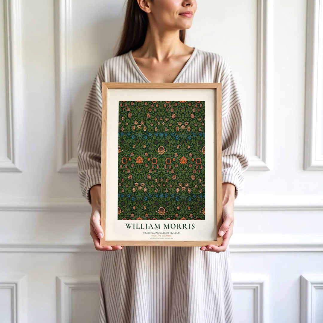 Classic 1883 Arts and Crafts movement pattern artwork highlights this green William Morris Violet and Columbine exhibition poster. Order high-definition unframed paper prints, stretched gallery canvas, or custom framed wall decor directly at MapYourDreams.