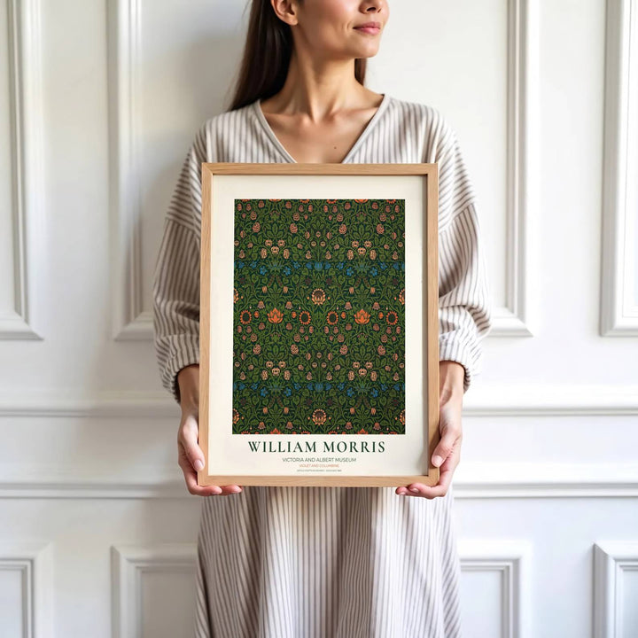 Classic 1883 Arts and Crafts movement pattern artwork highlights this green William Morris Violet and Columbine exhibition poster. Order high-definition unframed paper prints, stretched gallery canvas, or custom framed wall decor directly at MapYourDreams.