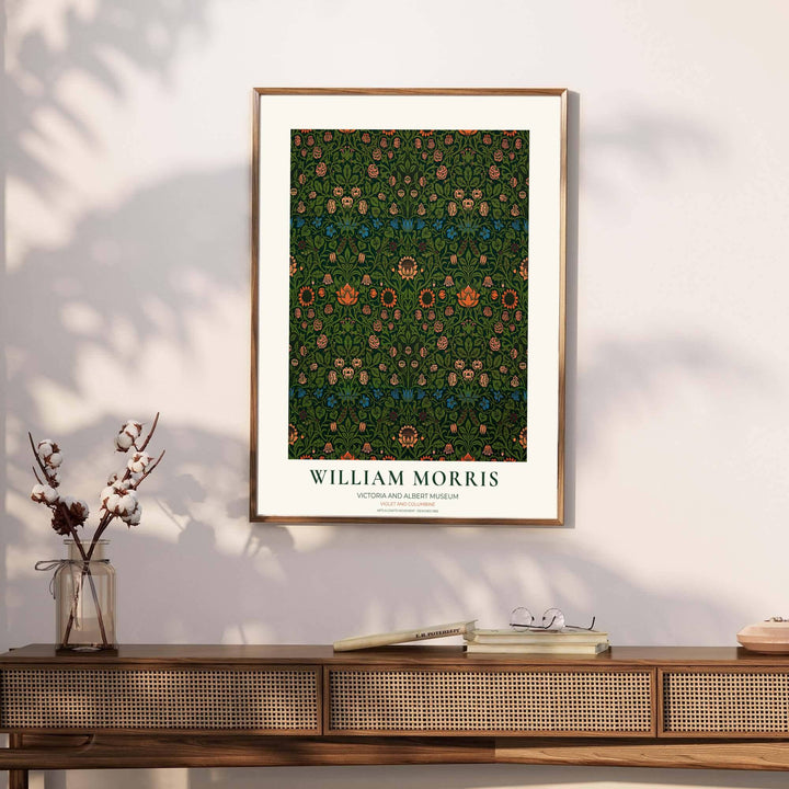 Rich botanical vine symmetry from the Victoria and Albert Museum collection defines this green William Morris Violet and Columbine art piece. MapYourDreams provides archival unframed posters, stretched canvas prints, and handcrafted framed options for home styling.