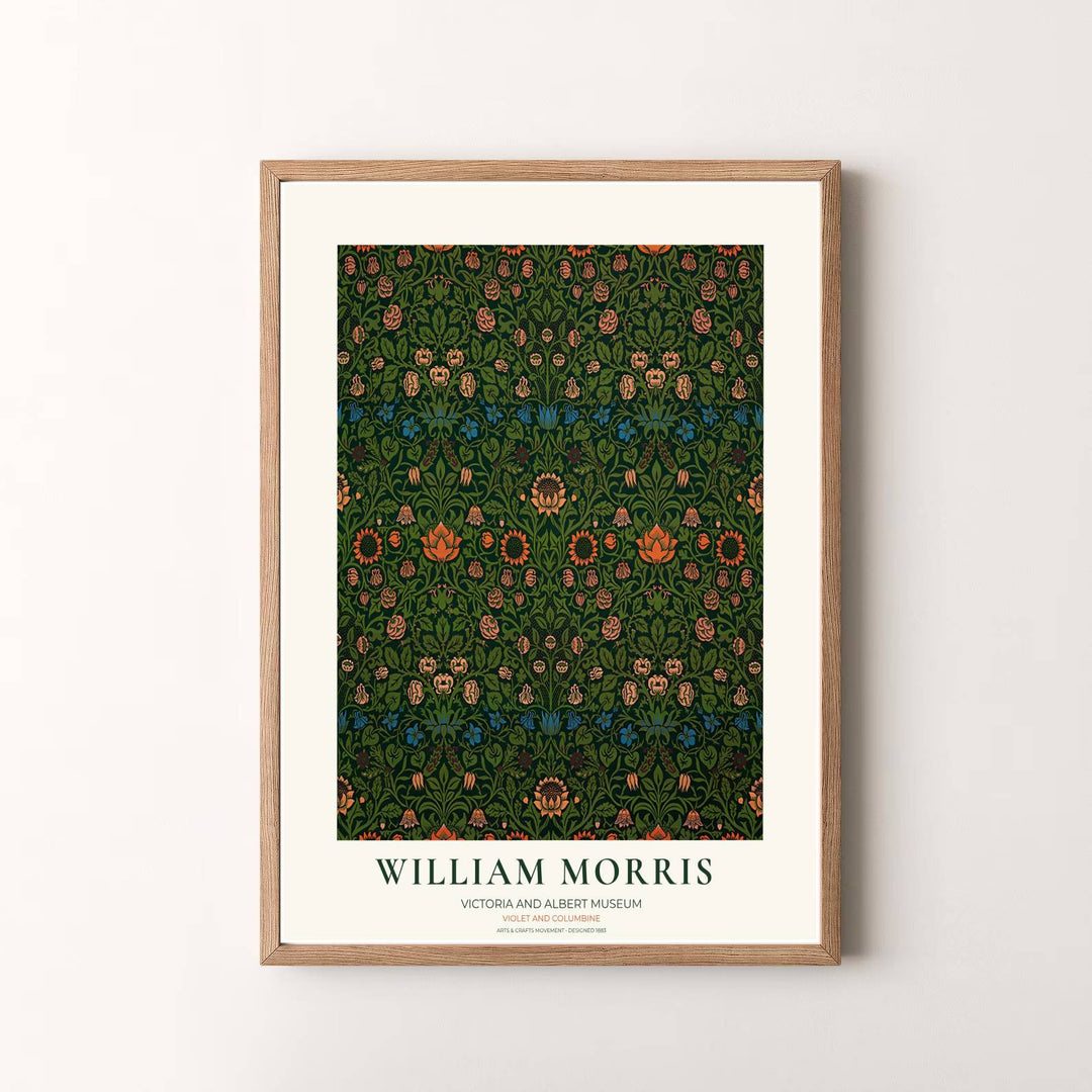Olive leaves, sky blue buds, and warm coral petals create a stunning green William Morris Violet and Columbine museum exhibition poster. Select premium unframed prints, ready-to-hang gallery canvas, or elegant framed options at MapYourDreams.