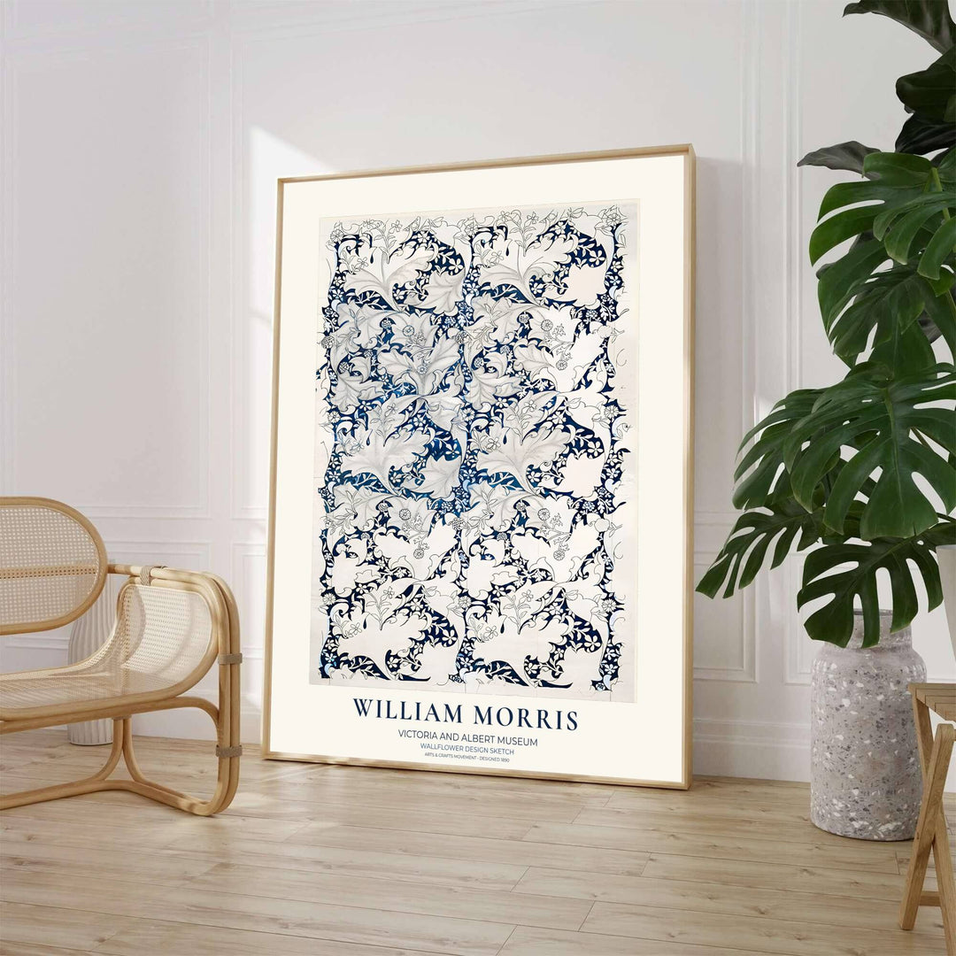 Detailed floral pattern sketch showing indigo William Morris Wallflower Design Sketch motifs from the Victoria and Albert Museum archives decorates this fine art print. Order custom framed, unframed, and canvas poster options at MapYourDreams.