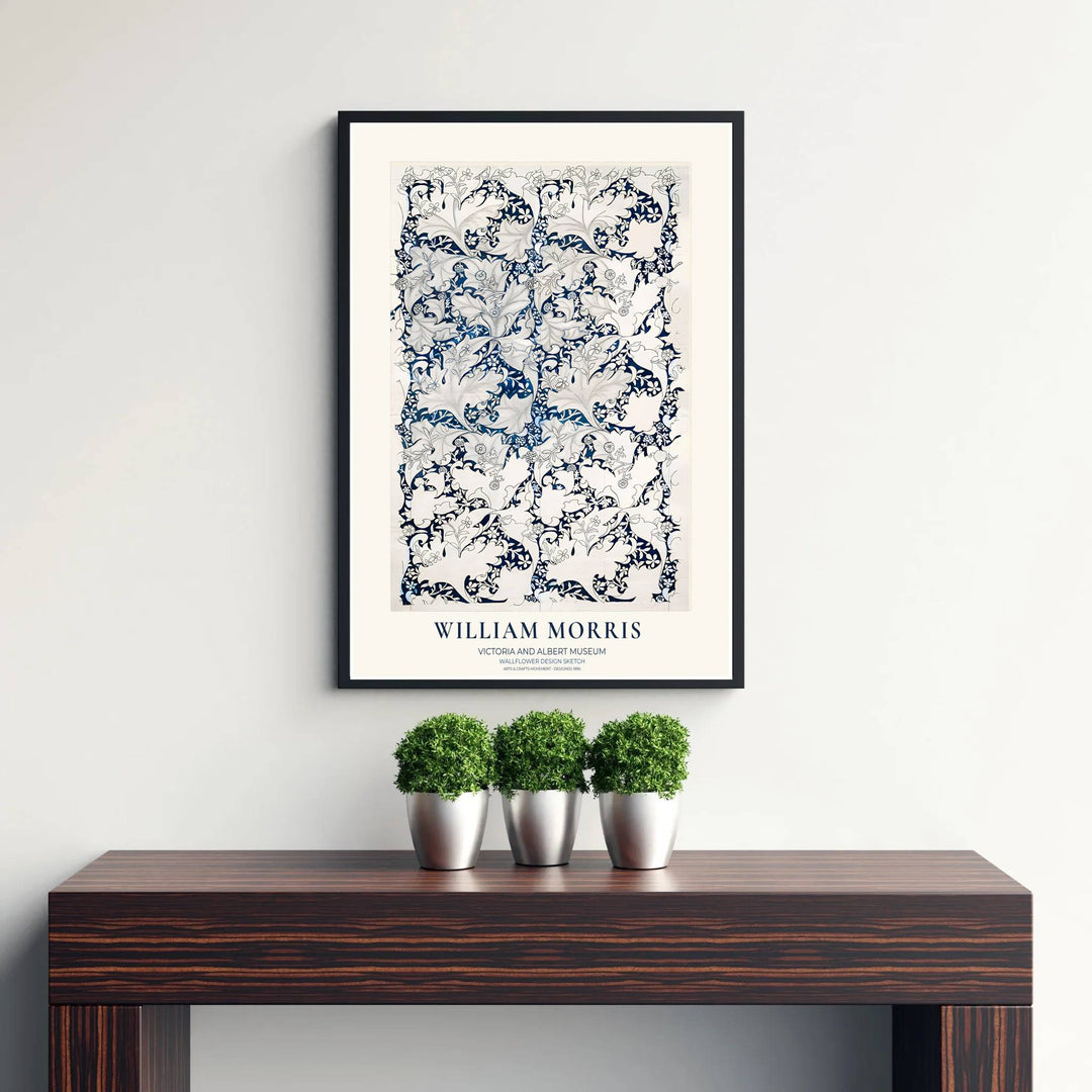 Crisp cream backdrop and deep indigo botanical linework mark this William Morris Wallflower Design Sketch Victoria and Albert Museum poster. MapYourDreams delivers quality framed, unframed, and canvas print options for interior decor.