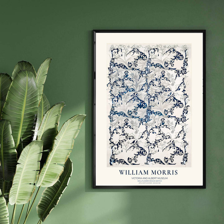 Elegant monochrome foliage and indigo ink floral scrollwork on this William Morris Wallflower Design Sketch museum piece create stunning wall decor. Choose tailored framed, unframed, and canvas poster formats at MapYourDreams.