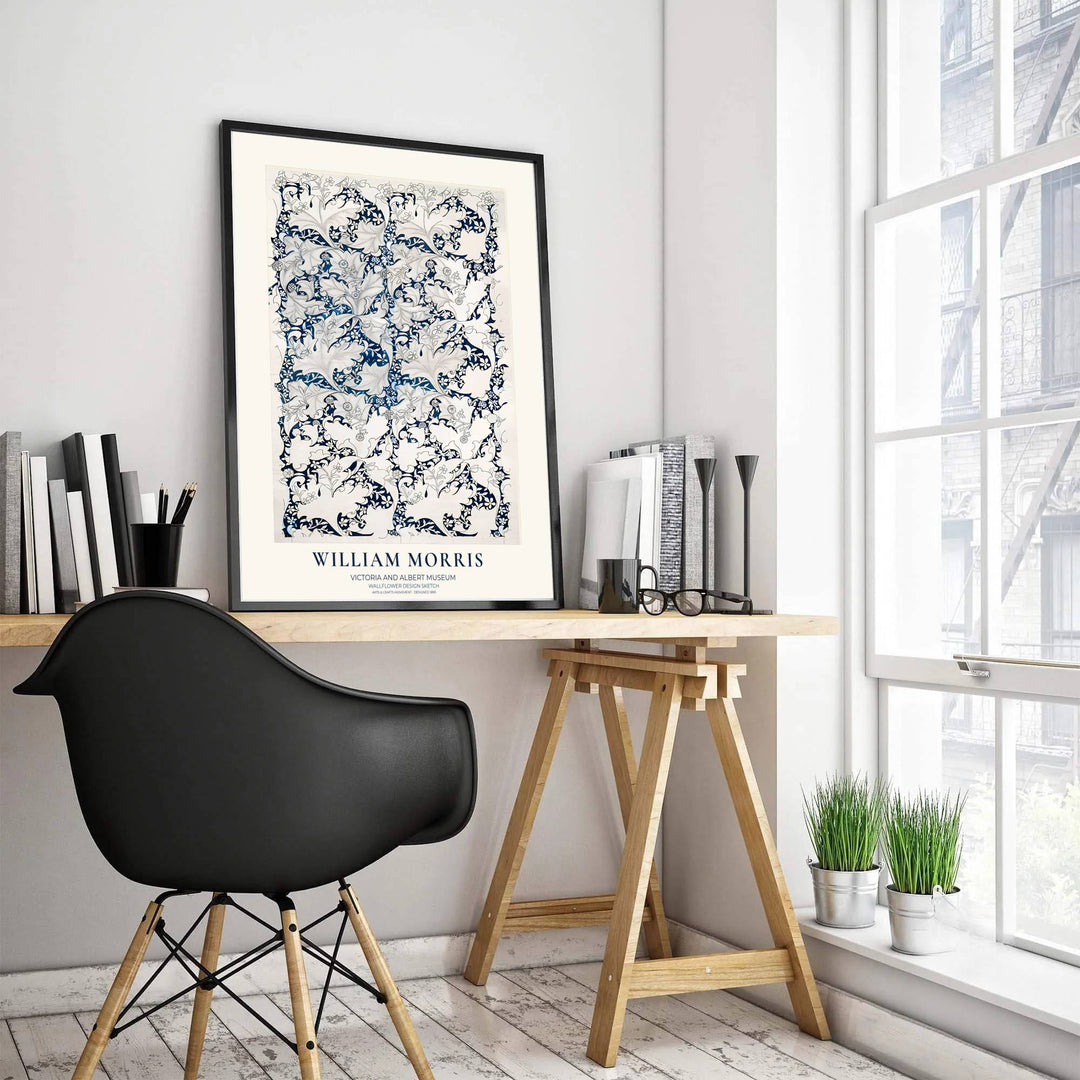 Antique botanical sketch artwork from the Victoria and Albert Museum in this indigo William Morris Wallflower Design Sketch poster enriches living space wall decor. MapYourDreams features high-definition framed, unframed, and canvas formats.