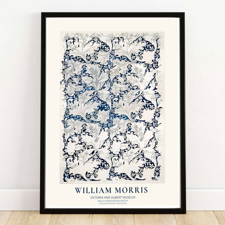 The indigo William Morris Wallflower Design Sketch exhibition poster highlights Victoria and Albert Museum archival art with delicate linework. MapYourDreams provides custom framed, unframed, and gallery canvas options for home decor.