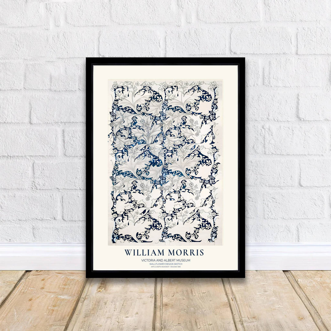 Classic Victorian typography and intricate indigo sketch details mark this William Morris Wallflower Design Sketch exhibition print. MapYourDreams offers fine art framed, unframed, and canvas poster options for wall decor.