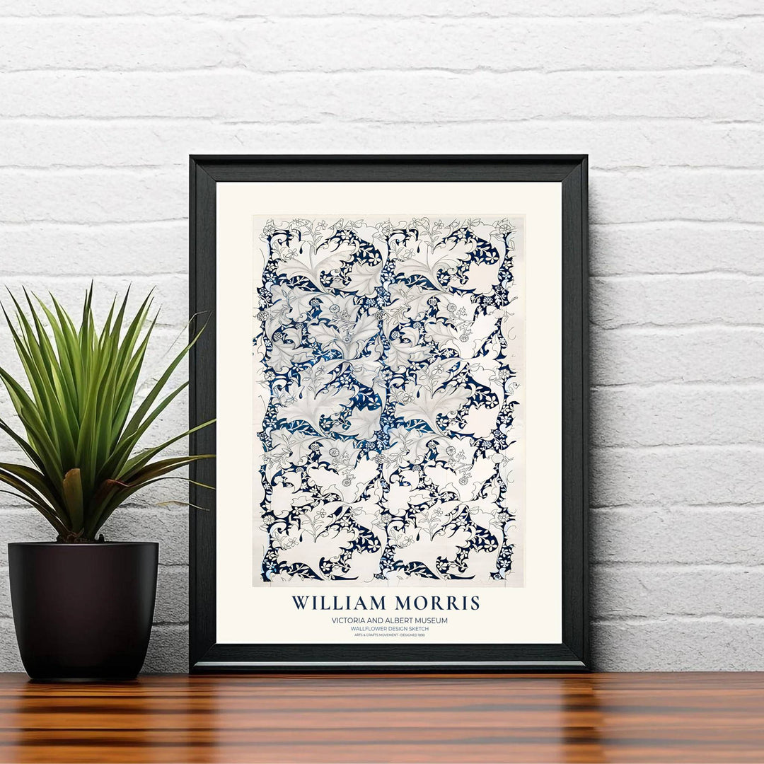 Ornate indigo botanical outlines, subtle grid sketch lines, and rich tapestry draft themes star in this William Morris Wallflower Design Sketch print. Discover ready-to-hang framed, unframed, and canvas decor options at MapYourDreams.