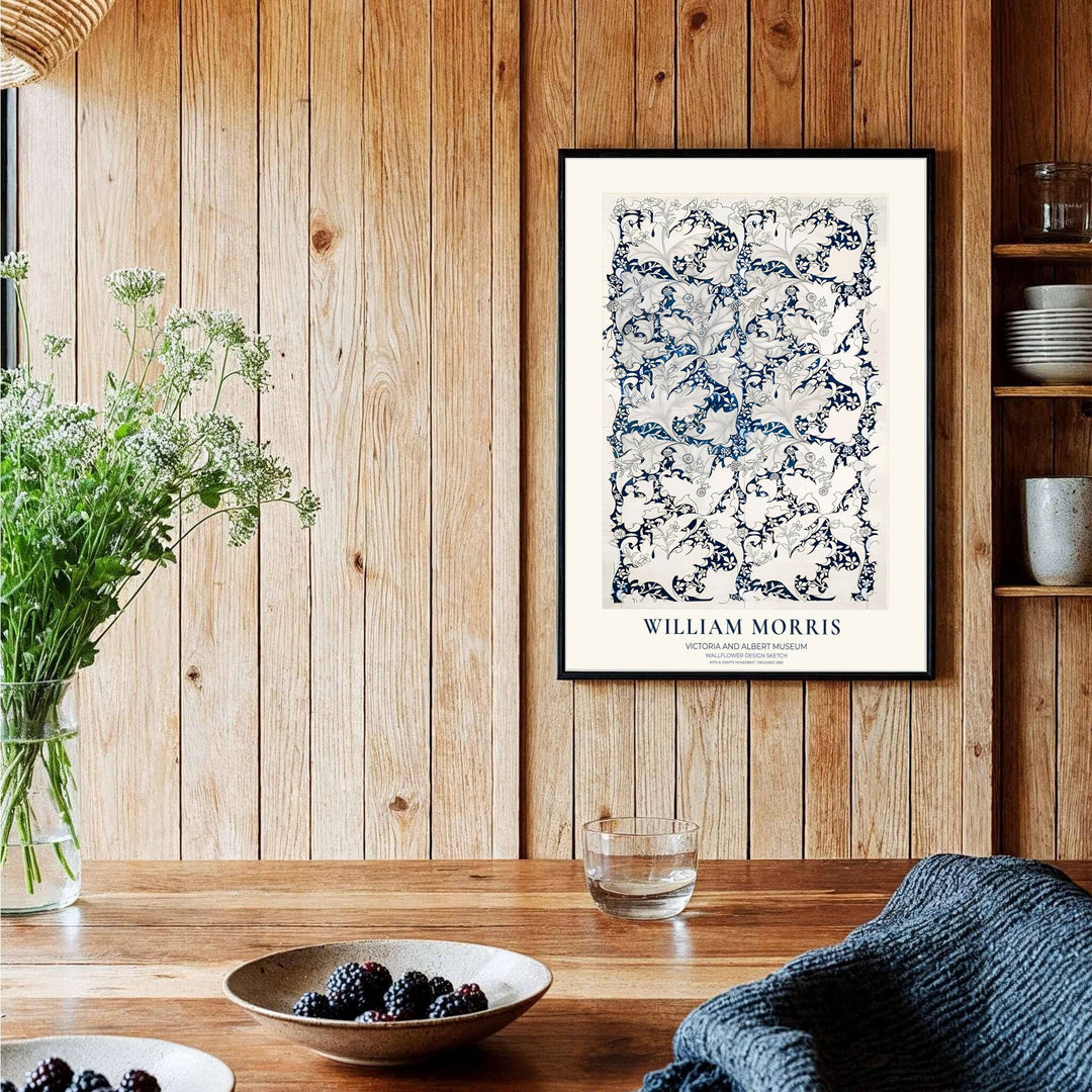 Vintage museum exhibition poster aesthetics with intricate indigo sketch motifs of William Morris Wallflower Design Sketch shine in this wall decor print. MapYourDreams presents quality framed, unframed, and canvas options.