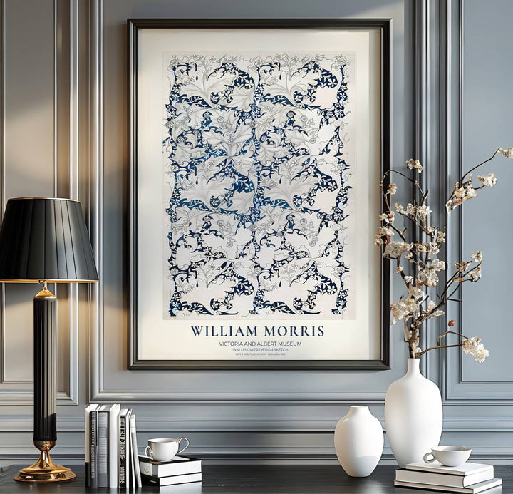 Famous Arts and Crafts movement draft patterns from the Victoria and Albert Museum in this indigo William Morris Wallflower Design Sketch print decorate walls. Buy high-definition framed, unframed, and canvas posters at MapYourDreams.