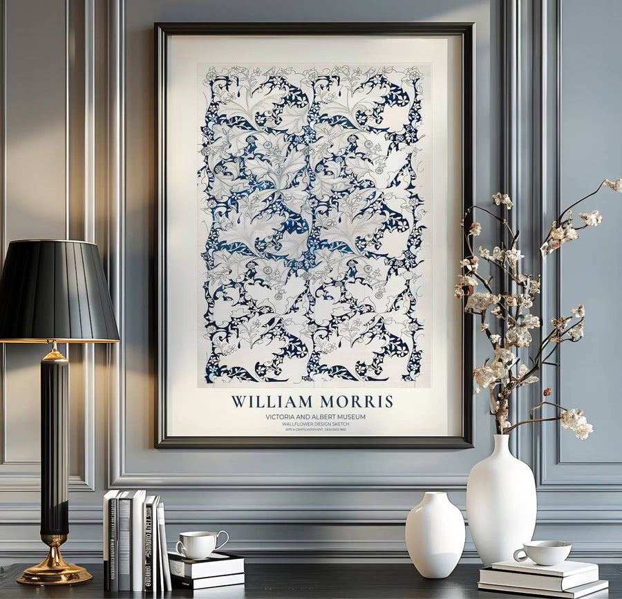 Famous Arts and Crafts movement draft patterns from the Victoria and Albert Museum in this indigo William Morris Wallflower Design Sketch print decorate walls. Buy high-definition framed, unframed, and canvas posters at MapYourDreams.