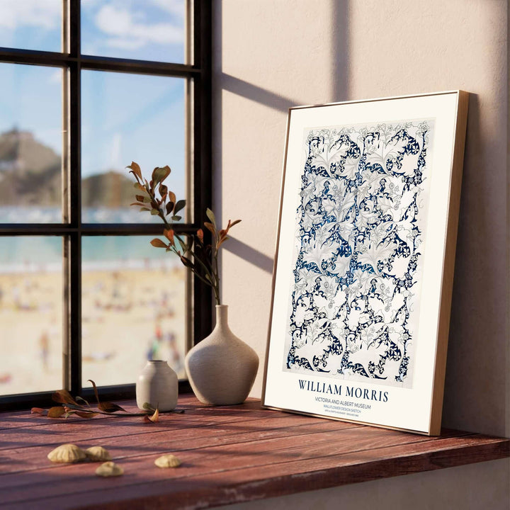 Indigo blue foliage outlines and subtle pencil sketch guidelines define this 1890 William Morris Wallflower Design Sketch Victoria and Albert Museum poster. Discover custom framed, unframed, and canvas print options at MapYourDreams.