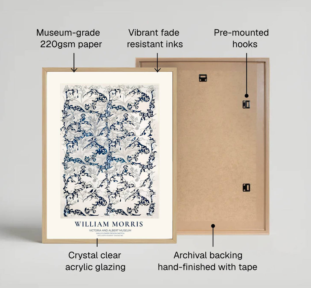 Symmetrical Arts and Crafts movement pattern sketch in this indigo William Morris Wallflower Design Sketch print brings historic Victoria and Albert Museum art home. MapYourDreams offers archival framed, unframed, and canvas decor.
