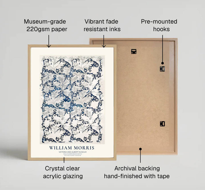 Symmetrical Arts and Crafts movement pattern sketch in this indigo William Morris Wallflower Design Sketch print brings historic Victoria and Albert Museum art home. MapYourDreams offers archival framed, unframed, and canvas decor.