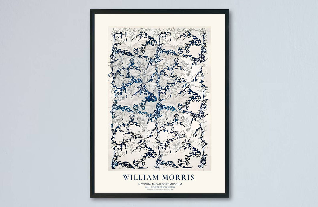 Antique vintage indigo sketch pattern art featuring archival William Morris Wallflower Design Sketch motifs shines in this wall print. Order custom framed, unframed, and canvas options at MapYourDreams for an elegant accent.