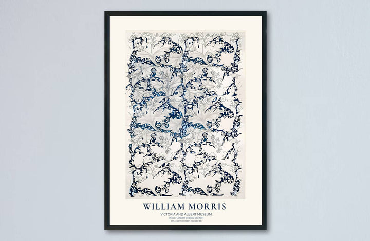 Antique vintage indigo sketch pattern art featuring archival William Morris Wallflower Design Sketch motifs shines in this wall print. Order custom framed, unframed, and canvas options at MapYourDreams for an elegant accent.