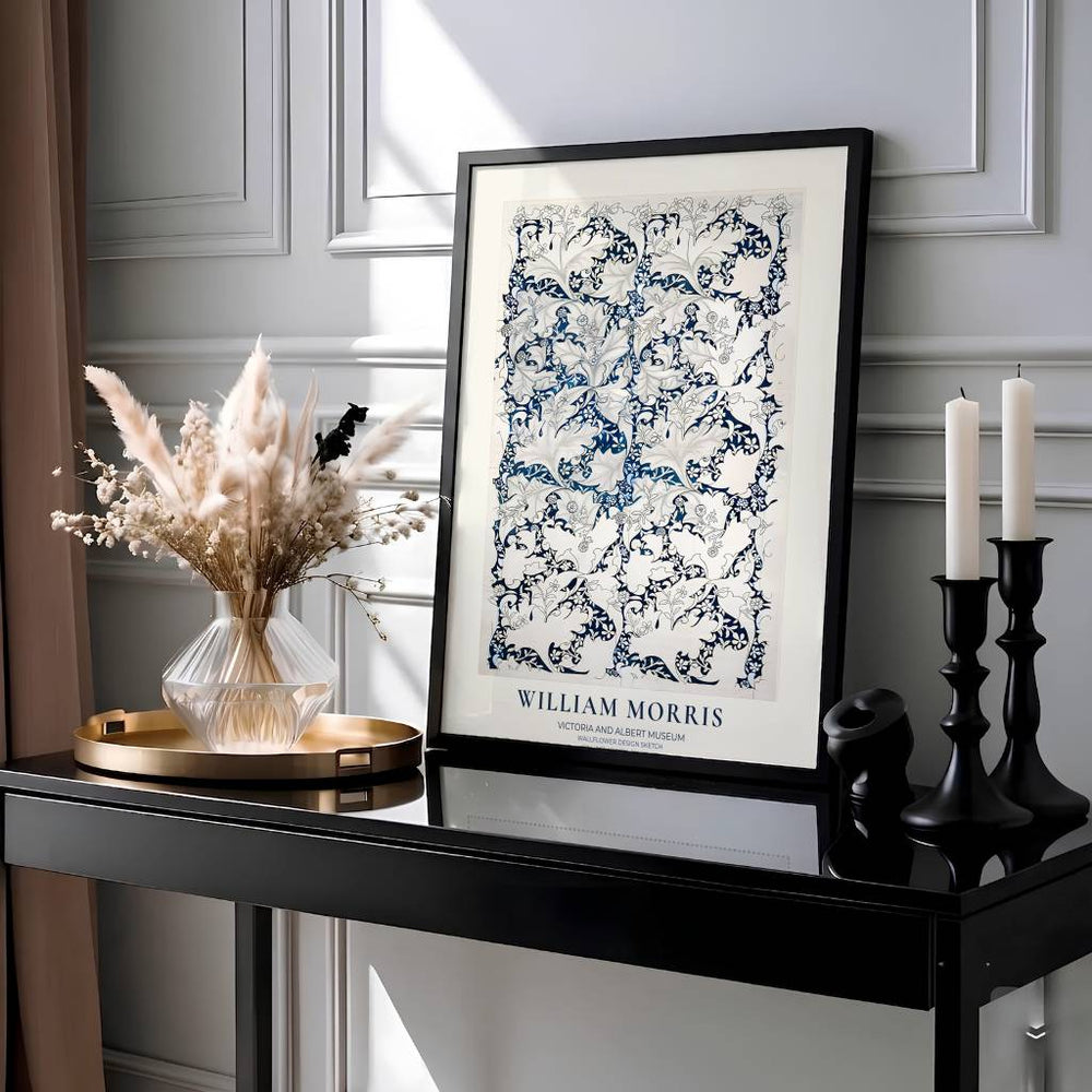 Intricate indigo blue ink floral scrollwork and monochrome leaf sketches fill this William Morris Wallflower Design Sketch print from the Victoria and Albert Museum. Select framed, unframed, or canvas poster styles at MapYourDreams.