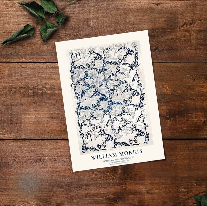 Elegant Victorian botanical sketch perspectives from the Victoria and Albert Museum collection star in this indigo William Morris Wallflower Design Sketch poster print. MapYourDreams offers versatile framed, unframed, and canvas options.