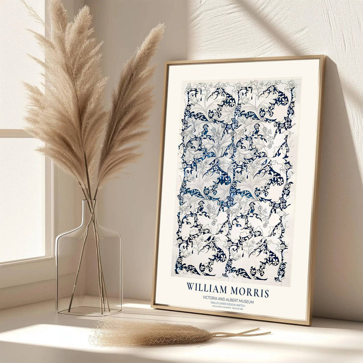 Hand-penciled grid lines and indigo blue floral scrollwork in this William Morris Wallflower Design Sketch print highlight Victoria and Albert Museum heritage. Select custom framed, unframed, and gallery canvas decor at MapYourDreams.