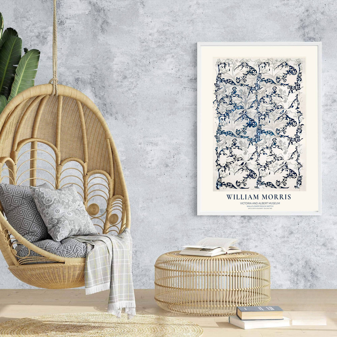 A vintage Arts and Crafts draft perspective highlighting William Morris Wallflower Design Sketch at the Victoria and Albert Museum anchors this fine print. Shop premium framed, unframed, and canvas options at MapYourDreams.