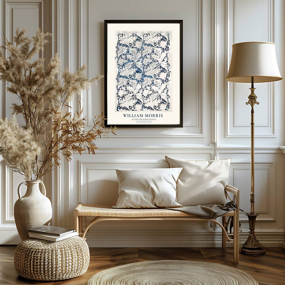 Rare 1890 studio draft artwork showcasing William Morris Wallflower Design Sketch brings authentic Victoria and Albert Museum flair to walls. MapYourDreams produces high-grade unframed, stretched canvas, and framed prints.