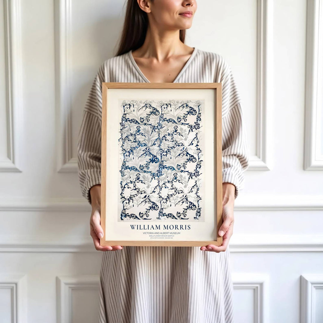 Deep indigo ink vines layered over off-white botanical shapes mark this William Morris Wallflower Design Sketch poster from the Victoria and Albert Museum archive. Order framed, unframed, or canvas print options at MapYourDreams.