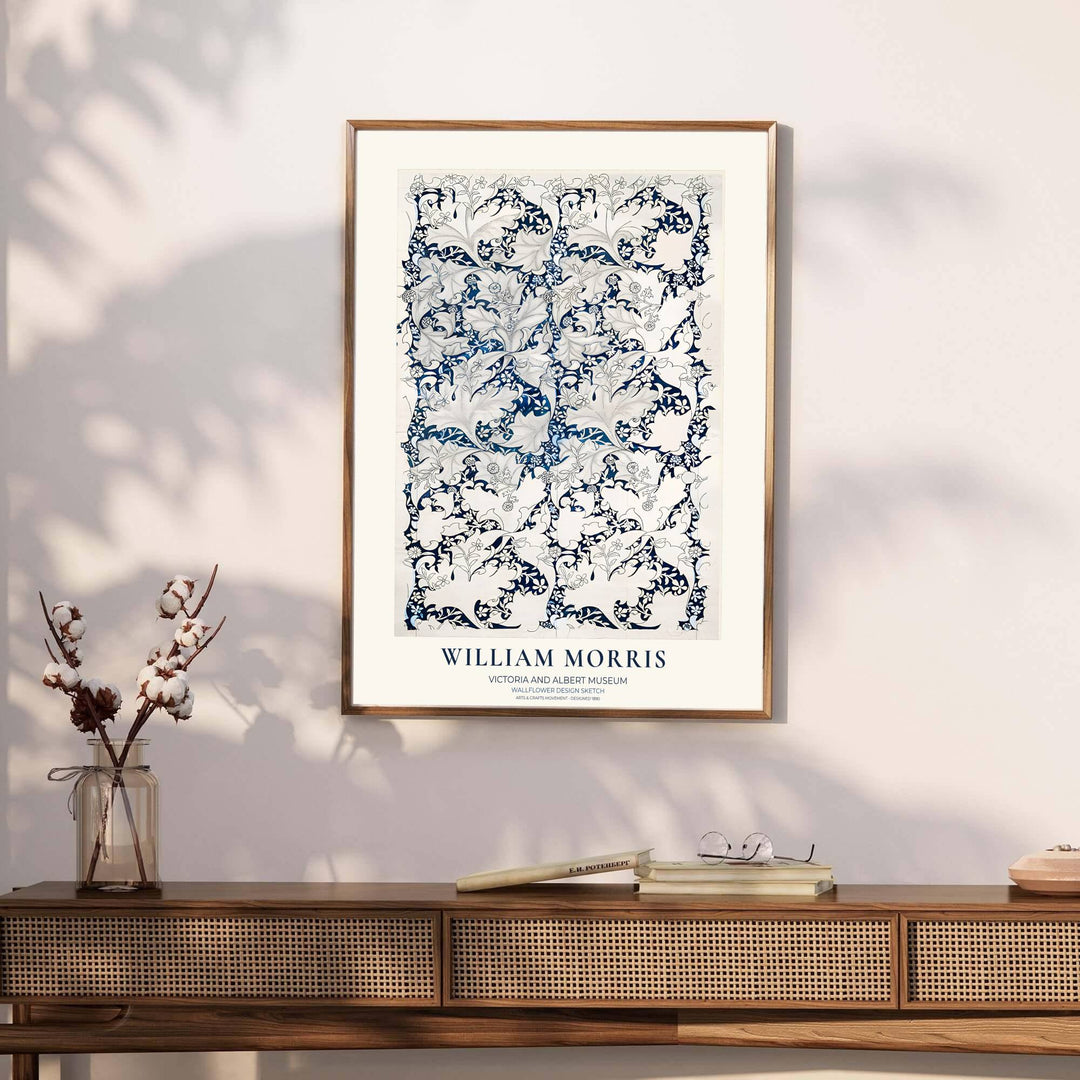Archival British draft illustration featuring William Morris Wallflower Design Sketch from the Victoria and Albert Museum creates a striking focal point. Discover archival unframed, gallery canvas, and framed wall art at MapYourDreams.