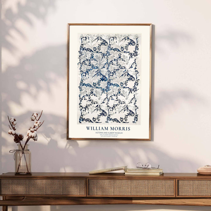 Archival British draft illustration featuring William Morris Wallflower Design Sketch from the Victoria and Albert Museum creates a striking focal point. Discover archival unframed, gallery canvas, and framed wall art at MapYourDreams.