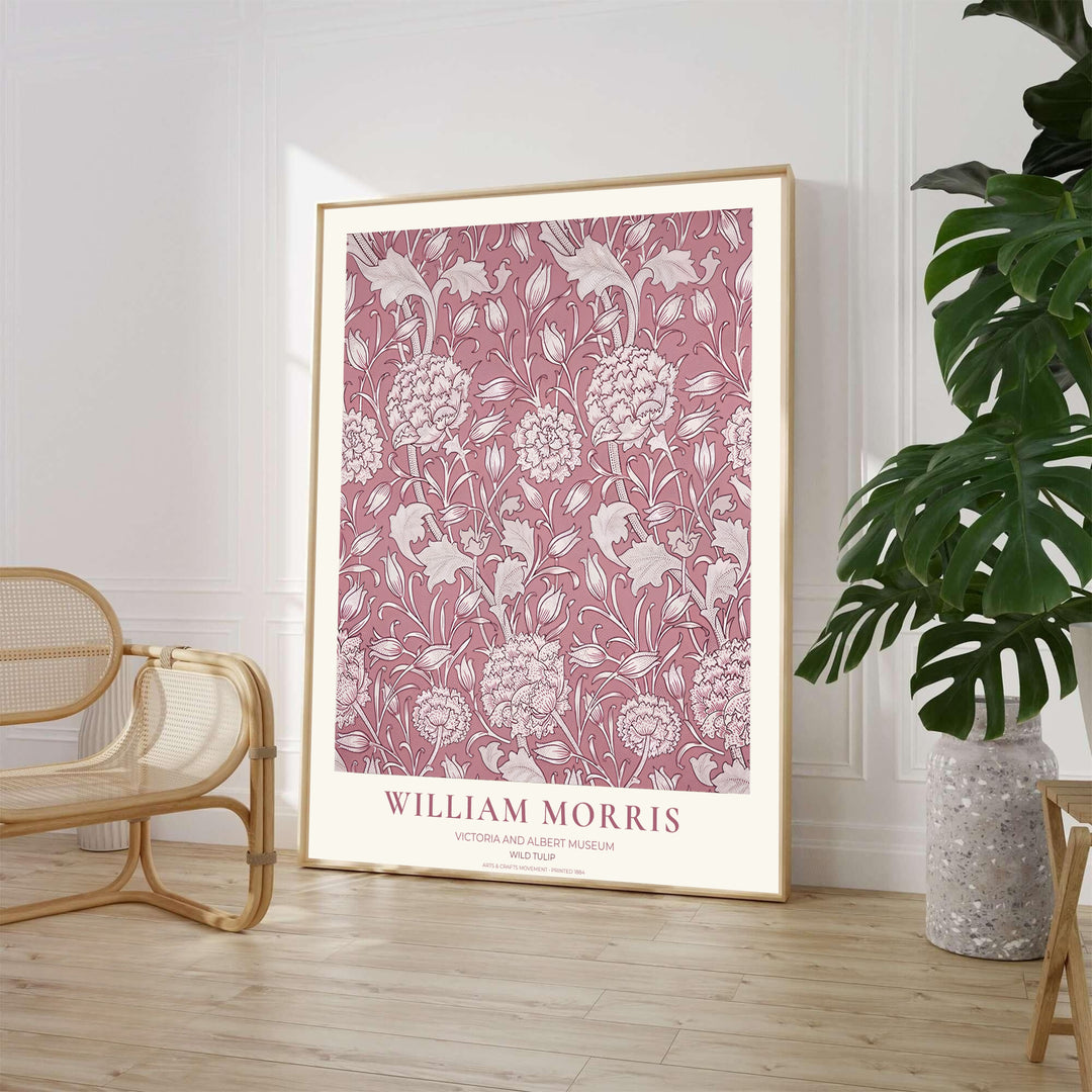 Inspired by Victorian textile patterns, this dusty rose William Morris Wild Tulip exhibition print showcases historic British craftsmanship. Explore versatile framed, unframed, and gallery canvas options available at MapYourDreams.