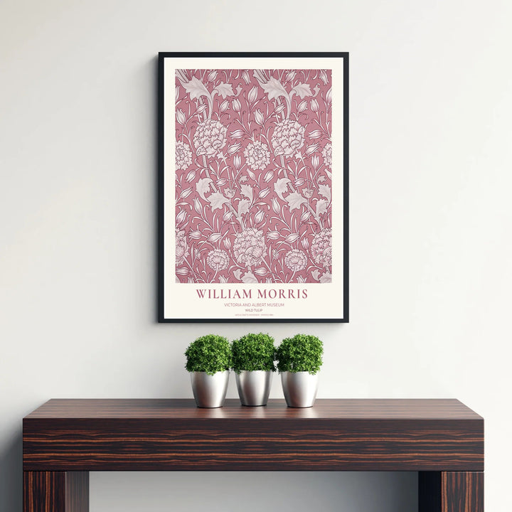 Elegant floral foliage and cream ink scrollwork on this William Morris Wild Tulip museum piece create beautiful living room wall decor. Choose tailored framed, unframed, and canvas poster formats at MapYourDreams.