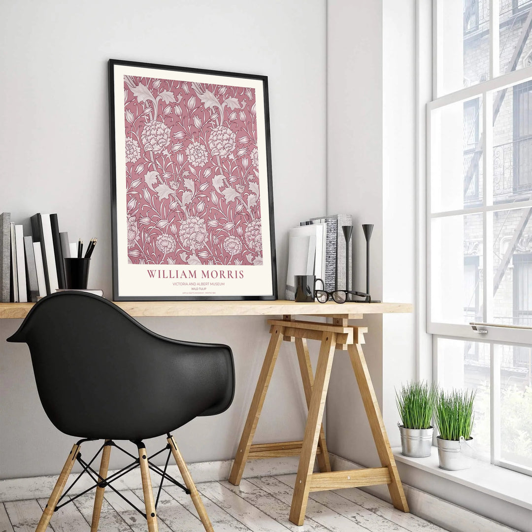 Antique Victorian floral artwork from the Victoria and Albert Museum in this dusty rose William Morris Wild Tulip poster enriches living room wall decor. MapYourDreams features high-definition framed, unframed, and canvas formats.
