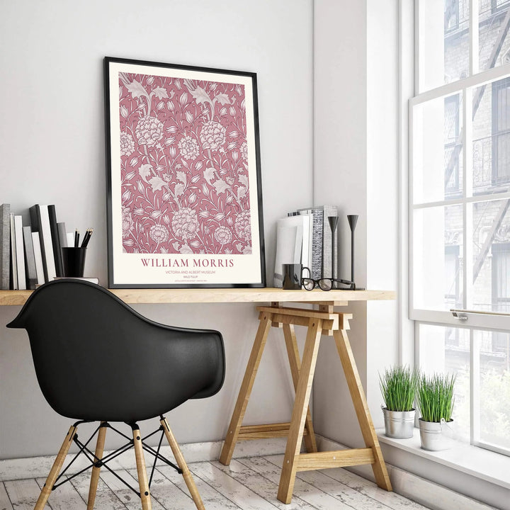 Antique Victorian floral artwork from the Victoria and Albert Museum in this dusty rose William Morris Wild Tulip poster enriches living room wall decor. MapYourDreams features high-definition framed, unframed, and canvas formats.