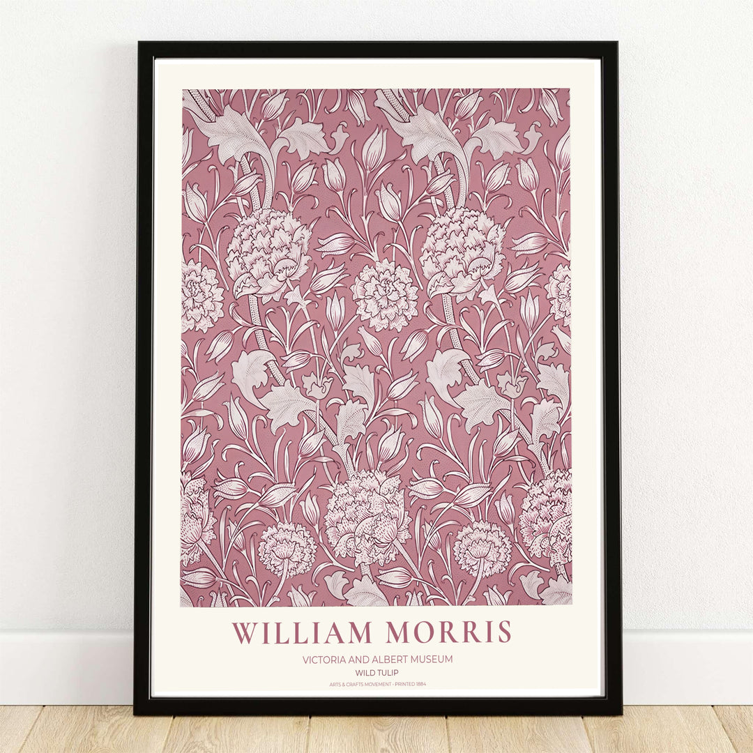 The dusty rose William Morris Wild Tulip exhibition poster showcases Victoria and Albert Museum archive art with soft cream floral linework. MapYourDreams offers custom framed, unframed, and gallery canvas options for home decor.