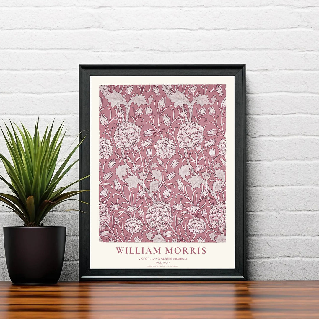 Ornate dusty rose botanical outlines and rich Victorian tapestry themes star in this William Morris Wild Tulip print. Discover ready-to-hang framed, unframed, and canvas wall decor options at MapYourDreams.