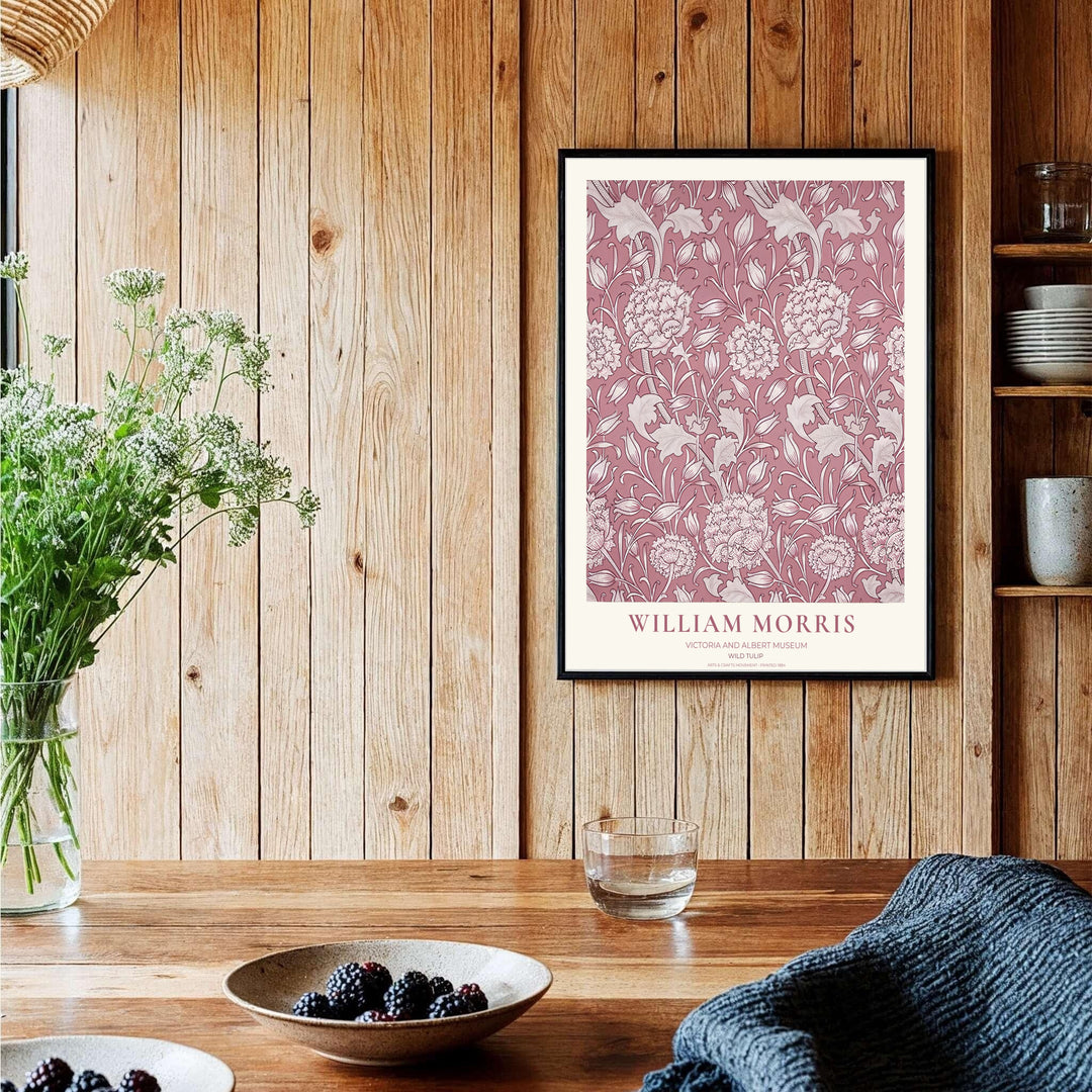 Vintage museum exhibition poster aesthetics with delicate dusty rose floral motifs of William Morris Wild Tulip shine in this wall decor print. MapYourDreams presents quality framed, unframed, and canvas options.